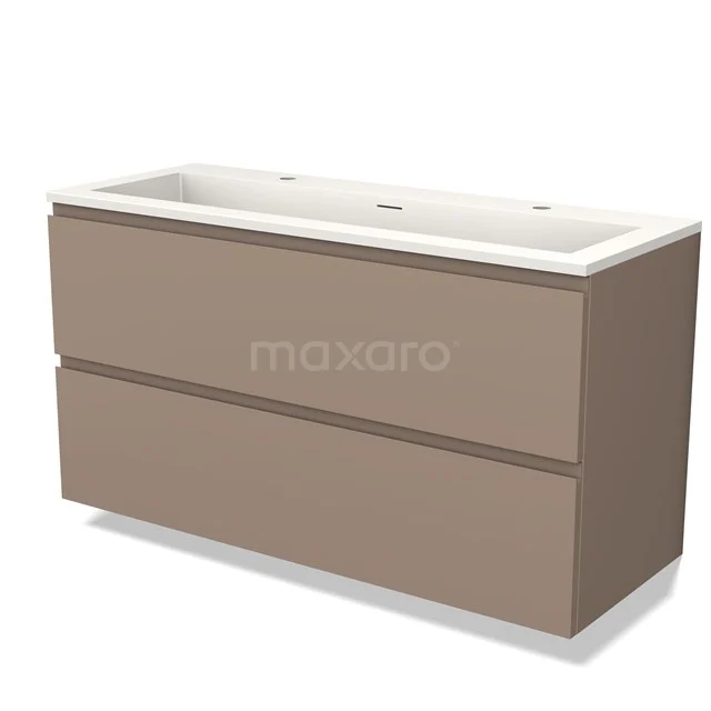 Beige badkamermeubel met dubbele wastafel, strak design, twee brede lades en een moderne afwerking voor een stijlvolle badkamer.