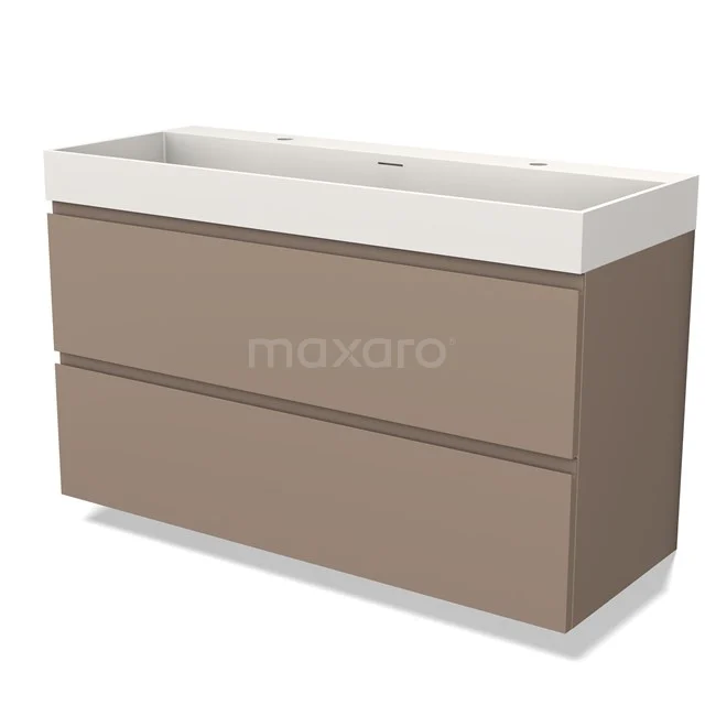 Matbruine badkamermeubelset met witte dubbele wastafel, modern ontwerp, ideaal voor stijlvolle en functionele badkamers.