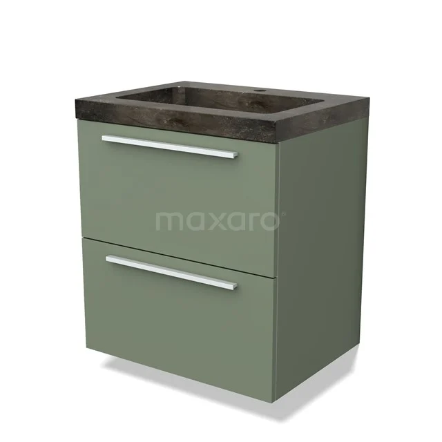 Groen badkamermeubel met twee lades, strak design, donker stenen wastafelblad, ideaal voor een moderne badkamer.