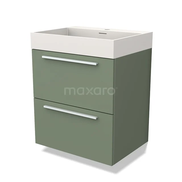 Green Bathroom unit with two drawers, matte finish and white sink; compact modern design for a stylish bathroom.