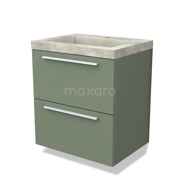 Green bathroom unit with two drawers, concrete vanity units with basin and sleek aluminium handles. Modern design for a stylish bathroom.