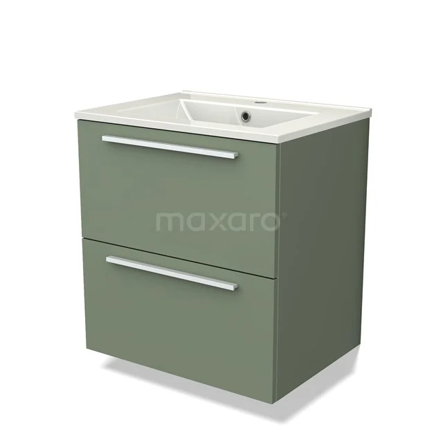 Green bathroom furniture set with two drawers, ceramic basin and modern handles, ideal for stylish bathroom storage.