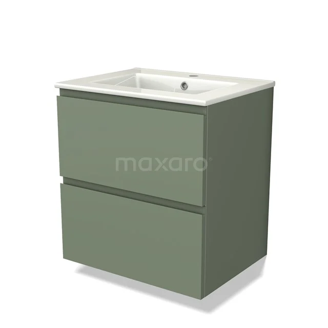 Groen badkamermeubel met twee lades, keramische wastafel en strak design, perfect voor een moderne badkamerstijl.