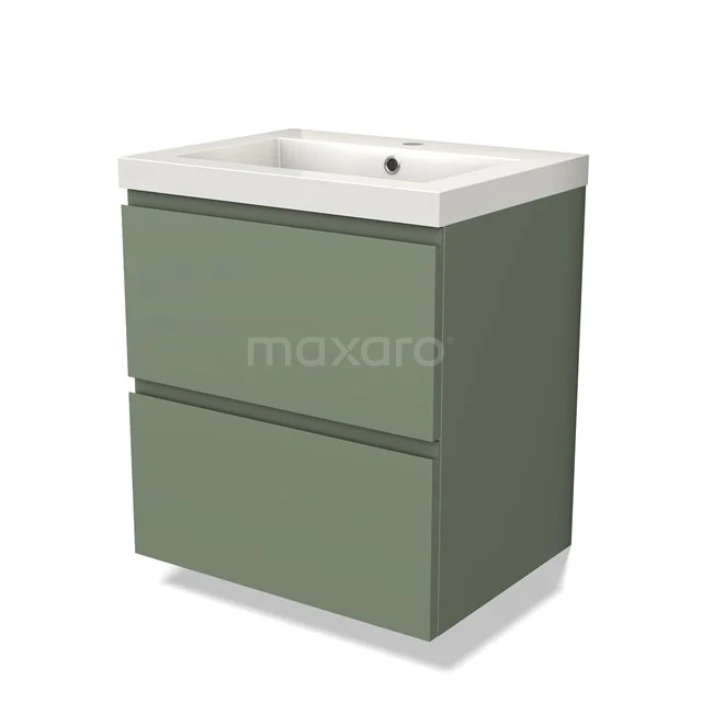 Olive green bathroom furniture set with double drawers, sleek finish and white basin, ideal for modern bathrooms.