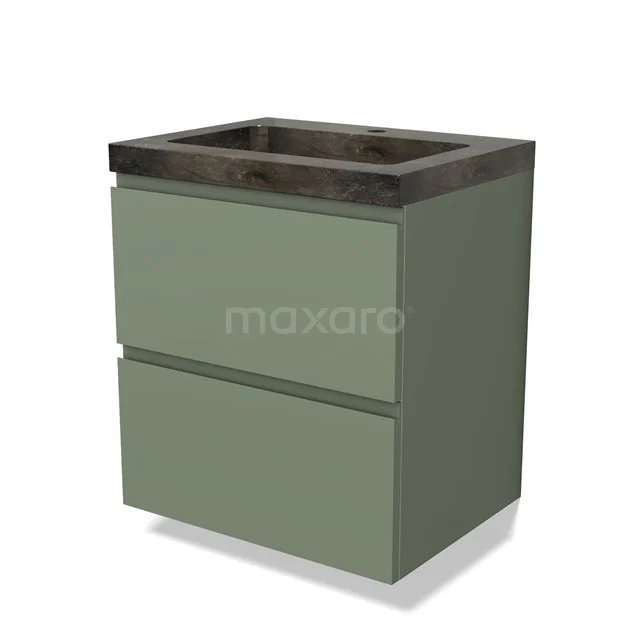 Olijfgroen badkamermeubel met twee lades, betonnen wastafel en strakke afwerking, perfect voor moderne badkamerstijlen.