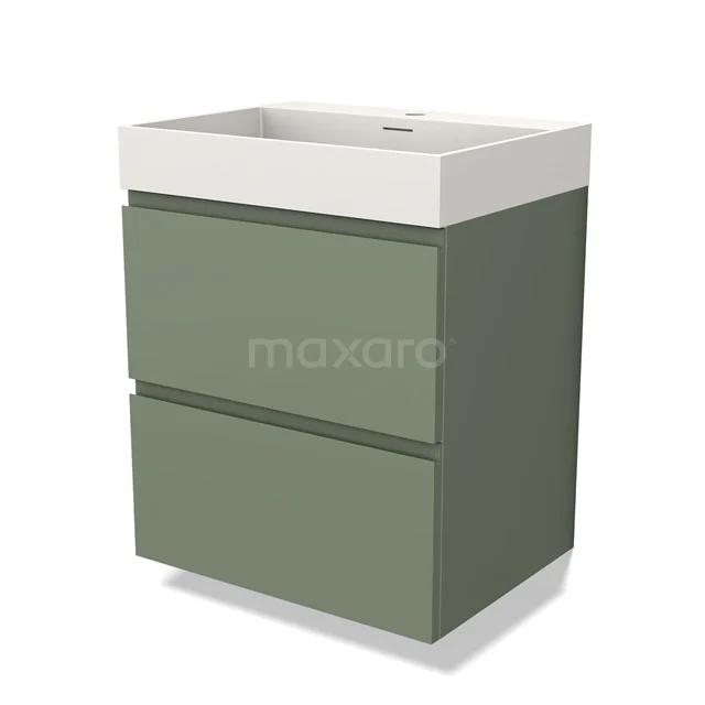Groene badkamerkast met twee lades, witte wastafel en modern design, perfect voor stijlvol opbergen in de badkamer.