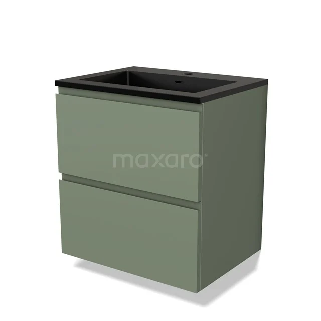 Groen badkamermeubel met twee lades en een zwart wastafelblad, strak design, ideaal voor een moderne badkamerstijl.
