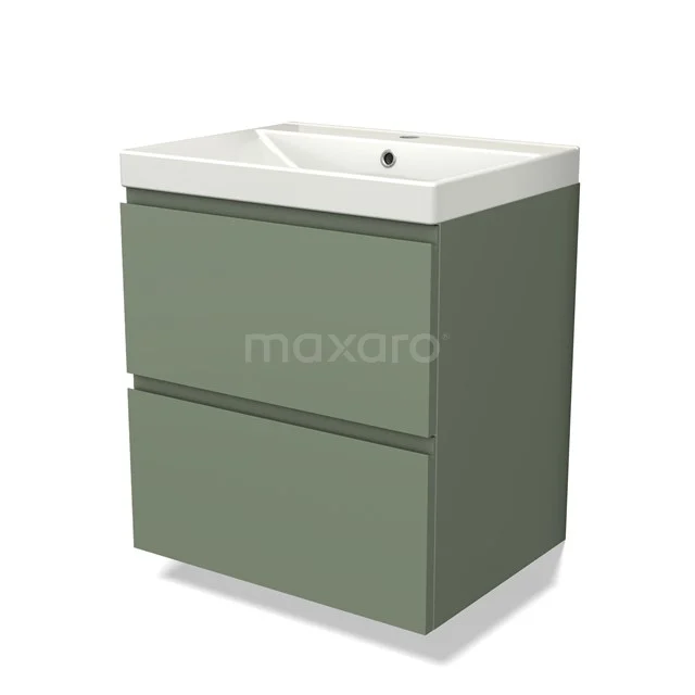 Olijfgroene badkamermeubelset met twee lades, keramische wastafel en strak design, ideaal voor moderne badkamers.