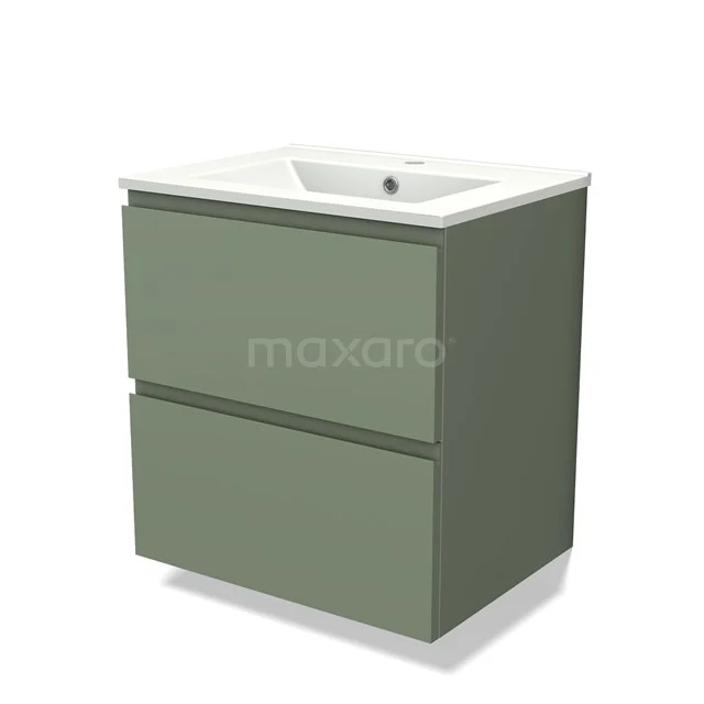 Groene badkamermeubelset met twee lades, rechthoekige vorm en witte keramische wastafel, modern design.