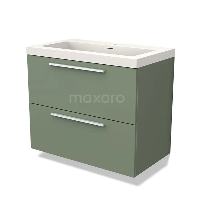 Groen badkamermeubel met twee lades en chromen handgrepen, keramische wastafel en eigentijdse afwerking.