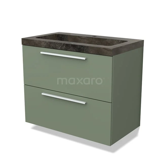 Groen badkamermeubel met twee lades, keramische wasbak en strak ontwerp; ideaal voor moderne badkamerstijl.