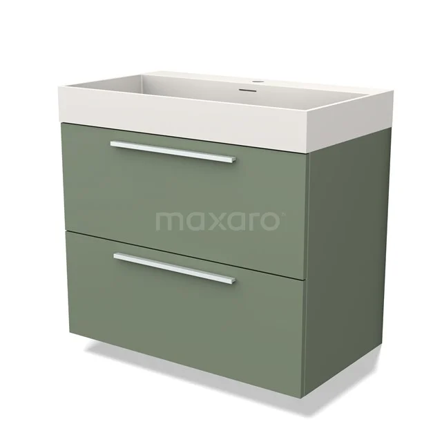 Groene badkamermeubelset met twee lades, witte wastafel en strakke handgrepen, ideaal voor moderne badkamerinrichting.