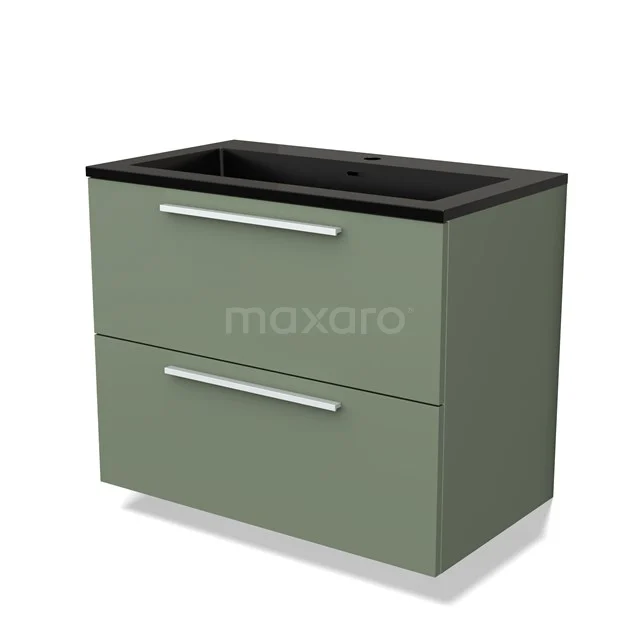 Groen badkamermeubel met twee lades, zwarte wastafel, strakke lijnen en moderne uitstraling, ideaal voor een stijlvolle badkamer.