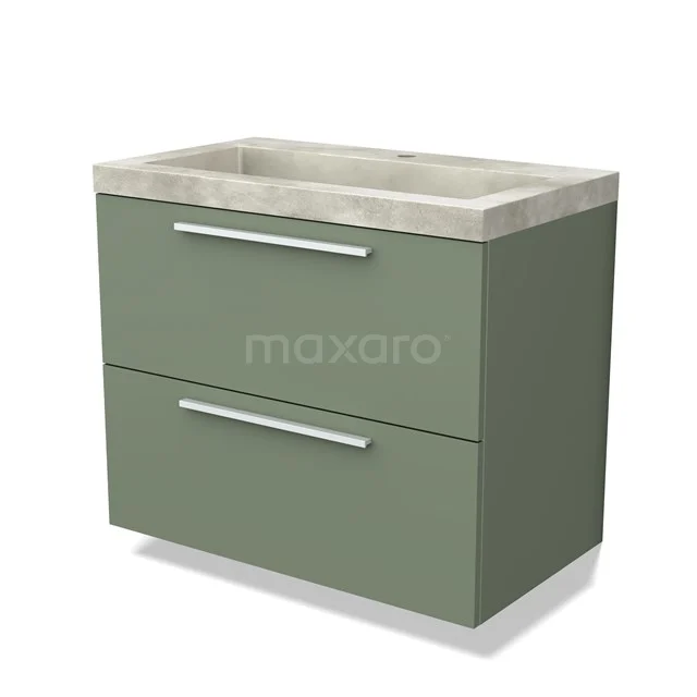 Green vanity set with two drawers, concrete-look basin and sleek handles; stylish addition to modern bathrooms.