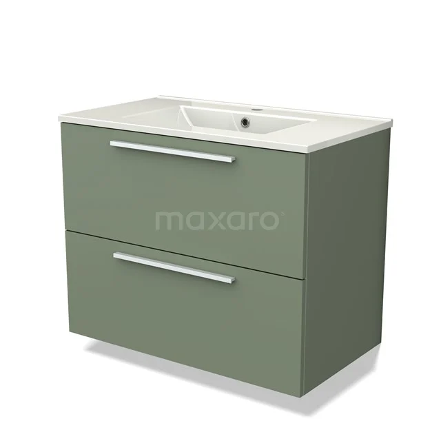 Modulo Bathroom furniture with sink | 80 cm Sage green Flat front Ceramic 2 Stacked drawers BMW17-04128 Olive green bathroom furniture set with two drawers, white ceramic basin and slim metal handles, perfect for modern bathrooms.