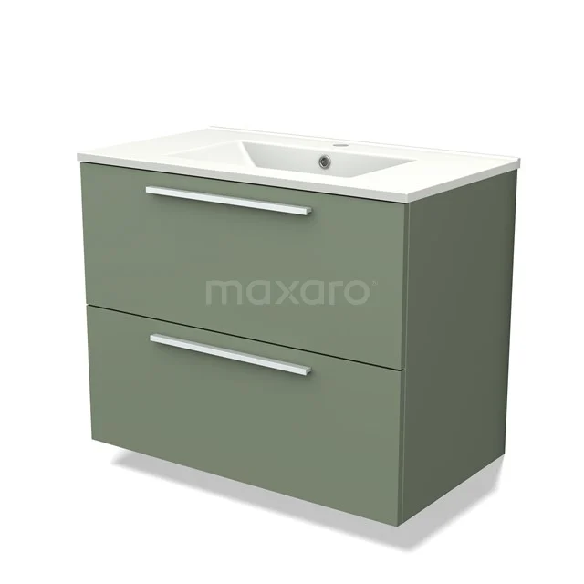Olijfgroene badmeubelset met witte keramische wasbak, twee lades en strak design, ideaal voor moderne badkamers.