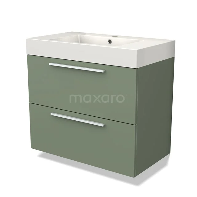 Groen badkamermeubel met twee lades, witte wastafel en metalen grepen, modern design, ideaal voor een stijlvolle badkamer.