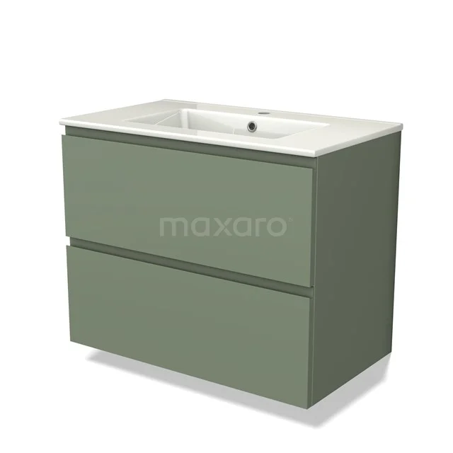 Groen badmeubel met twee lades, keramische wastafel en modern design, perfect voor een stijlvolle badkamer inrichting.