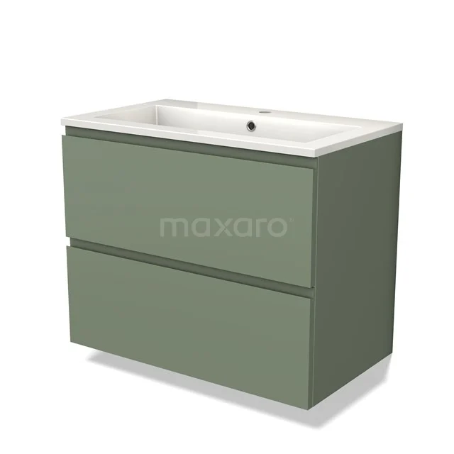Groene houten badkamermeubel met twee lades en een witte keramische wastafel, modern design uit de EcoStyle serie.