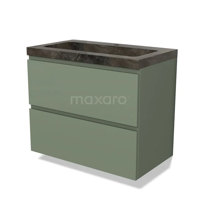 Groene badkamerkast met twee lades en een donker marmeren wastafelblad, ideaal voor een moderne badkamer inrichting.