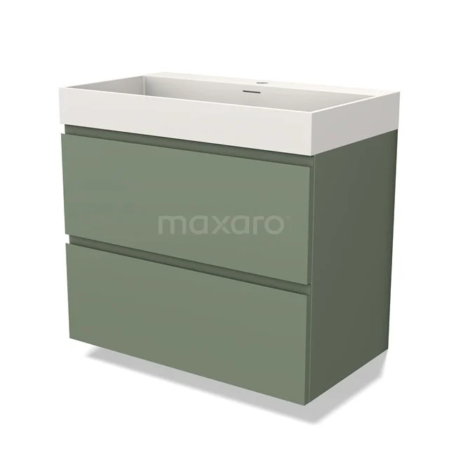 Groene badkamermeubelset met witte wasbak, moderne rechthoekige vorm, strakke lijnen en twee greeploze lades.
