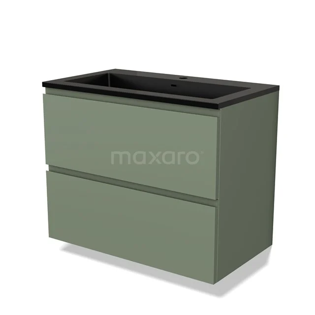 Olijfgroen badkamermeubel met twee lades en zwart wastafelblad; strak design ideaal voor een moderne badkamer.