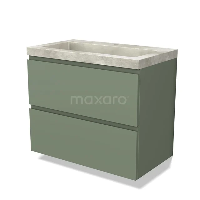 Groene badkamermeubelset met twee lades, betonnen waskom en strak design. Perfect voor een moderne badkamerstijl.