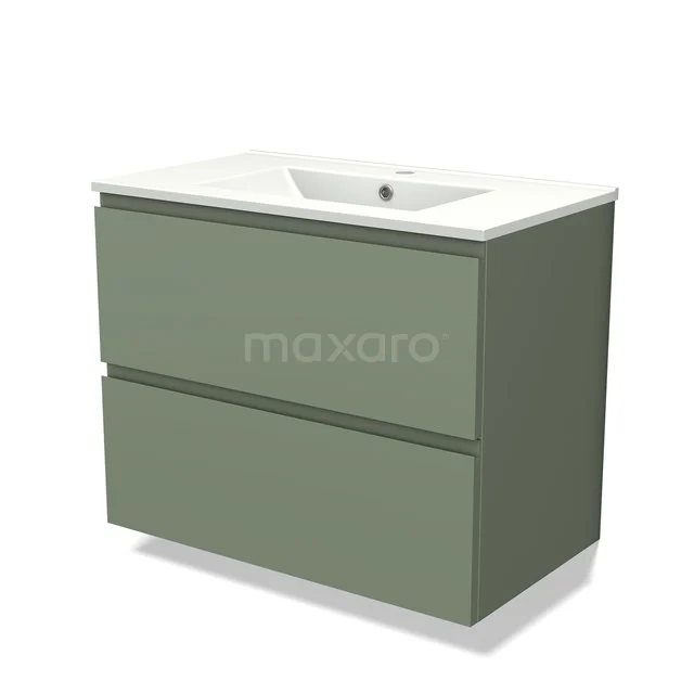 Grüne Badmöbelset mit Waschbecken, moderne rechteckige Form, zwei Schubladen und glatter Oberfläche, ideal für jedes Badezimmer.