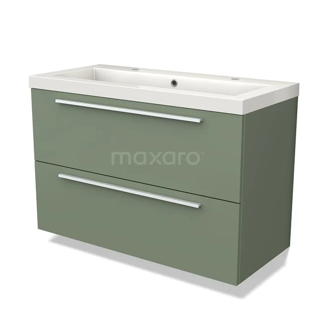 Groene badkamermeubel met geïntegreerde wastafel, dubbele lades en chromen handgrepen, modern design.