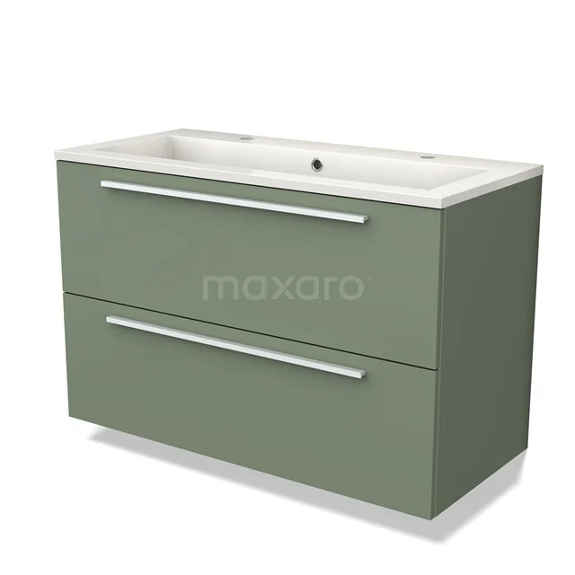 Green bathroom unit with ceramic vanity units with basin, two drawers and modern handles; stylish and functional design.