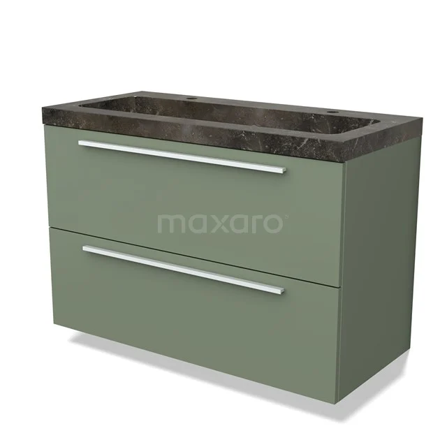 Olijfgroene badkamermeubel met twee lades, marmeren wastafel en moderne handgrepen, ideaal voor stijlvolle badkamers.