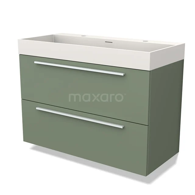 Groene houten badkamermeubel met twee lades, witte wastafel en metalen grepen, ideaal voor een moderne badkamerinrichting.