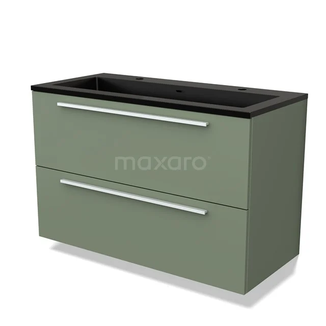 Grüne Badmöbelset mit zwei Schubladen, matt schwarzem Waschbecken und eleganten Aluminiumgriffen, modernes Design.