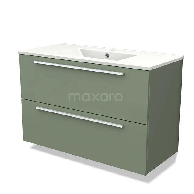 Groene badkamermeubelset met witte wasbak, strakke lijnen en RVS-handgrepen, perfect voor een moderne badkamerstijl.