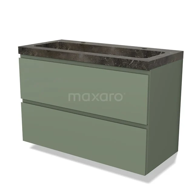 Groene badkamermeubel met zwarte marmeren wastafel, modern design en ruime lades voor optimale opbergruimte.