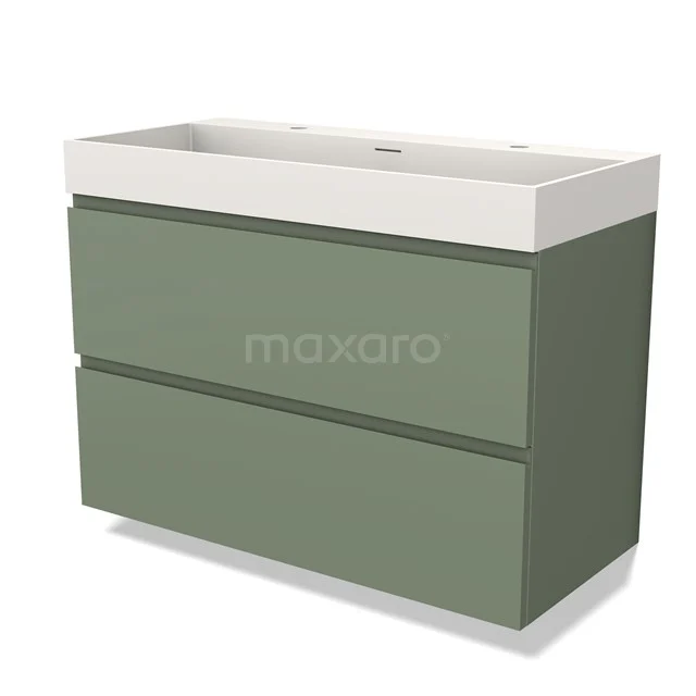 Groen badkamermeubel met twee lades en witte keramische wastafel, modern design ideaal voor stijlvolle badkamers.