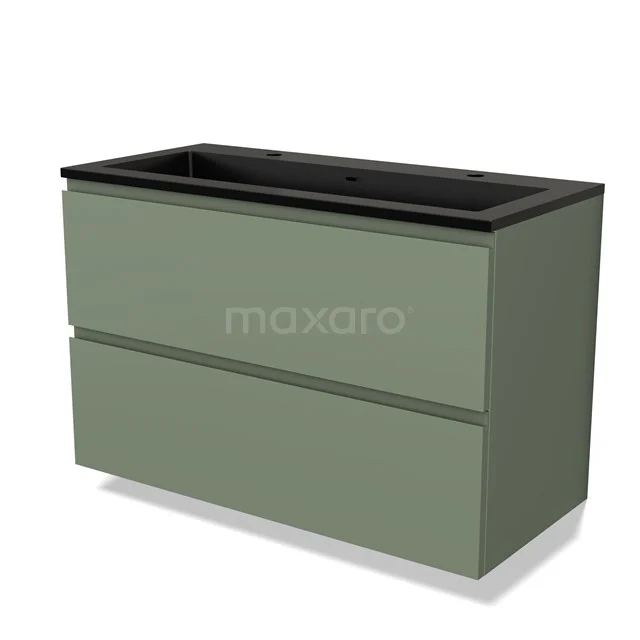 Groene badkamermeubel met twee lades, zwarte wastafel, modern design, ideaal voor stijlvolle badkamerinrichting.