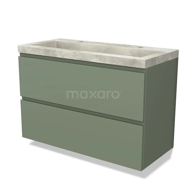 Olijfgroene badkamermeubel met twee lades, betonnen wastafelblad, strak design, ideaal voor moderne badkamerinrichting.