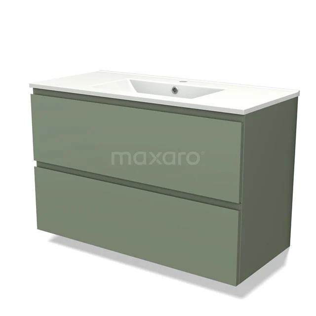 Groene badkamermeubel met twee lades, keramische wastafel en strak design, perfect voor een moderne badkamer.