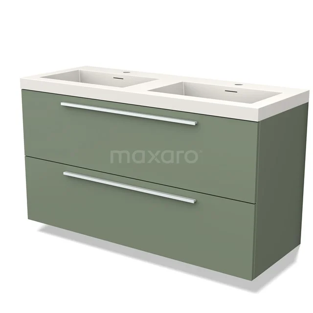 Grünes doppeltes Badezimmermöbel mit klaren Linien, zwei Waschbecken und geräumigen Schubladen, ideal für moderne Badezimmergestaltung.
