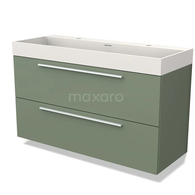 Green bathroom furniture set with double basin and sleek, modern drawers. Perfect for stylish bathroom storage.