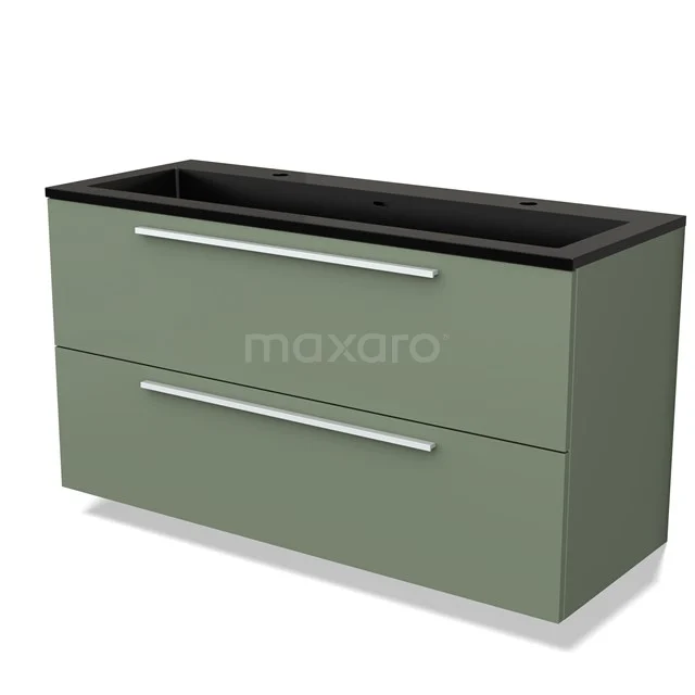 Groen badmeubel met zwarte wastafel, 2 lades en strakke handgrepen; ideaal voor een moderne badkamerstijl.