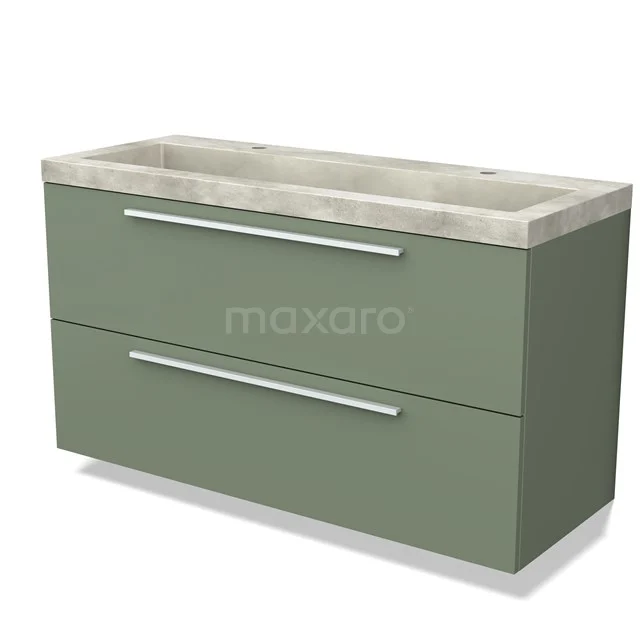 Groene dubbele wastafelonderkast met betonlook bovenblad, strak design, ideaal voor een moderne badkamer inrichting.