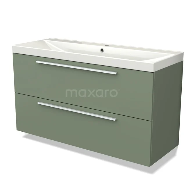Olive green bathroom furniture set with white ceramic basin, two drawers and metal handles, modern and sleek design.