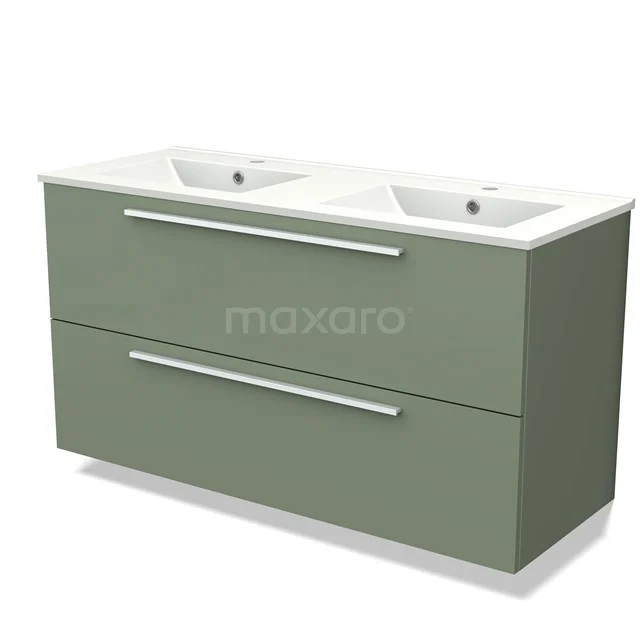 Groen wastafelmeubel met twee spoelbakken, moderne strakke lades en chromen grepen, perfect voor een stijlvolle badkamer.