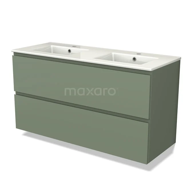 Green bathroom unit with double basin, sleek design and soft-close drawers, ideal for modern bathroom spaces.