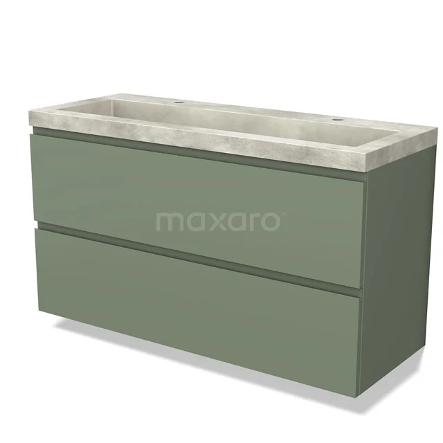 Green hanging bathroom unit with two drawers and a concrete vanity units with basin; modern design, ideal for a stylish bathroom.