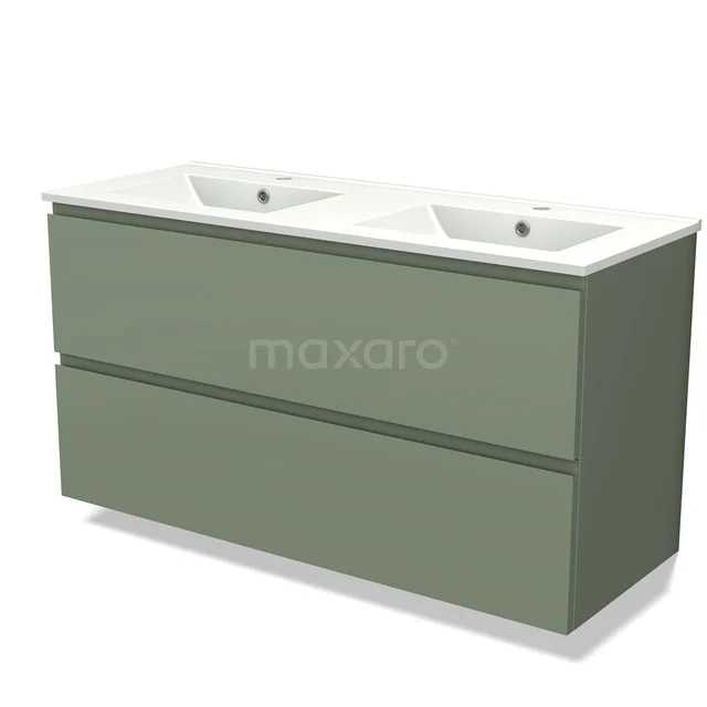 Olive green double vanity unit with sleek drawers, white ceramic sink, perfect for a modern bathroom style.