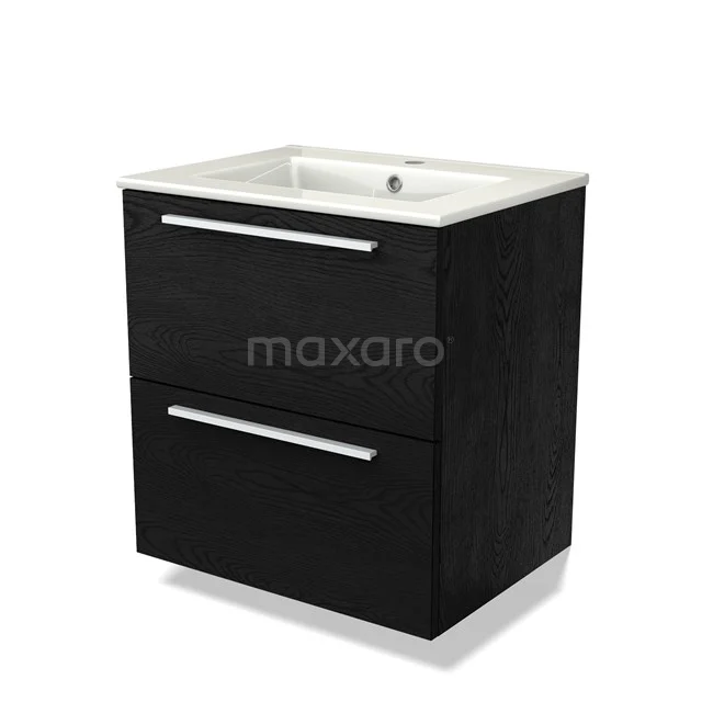 Modulo Vanity units with basin | 60 cm Black oak Flat front Ceramic 2 Stacked drawers BMW17-04242