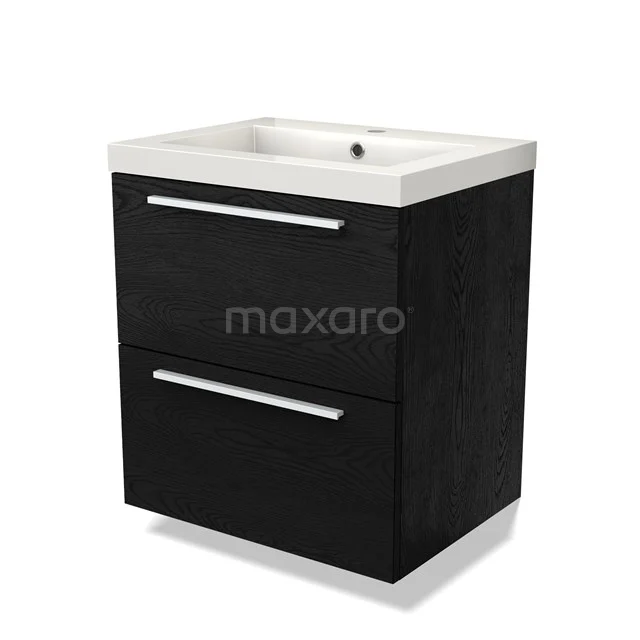 Zwart houten badkamermeubel met twee lades en een witte keramische wastafel, modern design voor een stijlvolle badkamer.